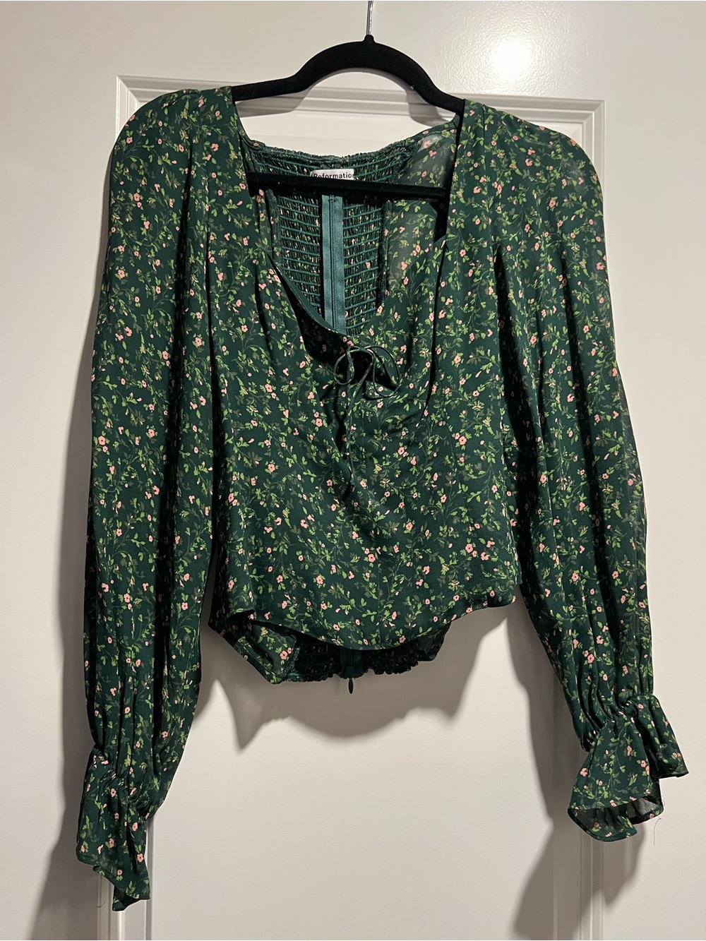 Reformation Dark Green Floral Tie-Front Blouse